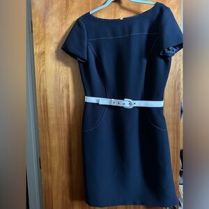 Tahari Navy Dress with White Belt and piping size 10